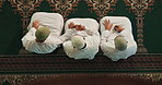 Islamic prayer, greeting and men in mosque with hello, mindfulness and gratitude in faith from above. Worship, religion and people together in holy temple for praise, spiritual leaning and peace