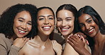 Face, women or hug for happy people, skincare or wellness for diversity, inclusion or cosmetics in studio. Smile, support or confident friends with facial glow, beauty or makeup on brown background