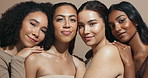 Face, women or hug for support, skincare or wellness with diversity, inclusion or cosmetics in studio. Makeup, shine or confident people with glow, beauty results for dermatology on brown background