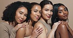 Face, love or hug for friends, skincare or wellness for diversity, inclusion or cosmetics in studio. Makeup, support or confident women with facial glow, beauty results or smile on brown background 