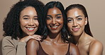 Face, women and diversity for beauty, skincare or wellness with multicultural, inclusion for cosmetics. Female people, healthy skin and happy with results, glow for dermatology in studio background