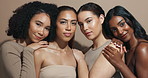 Face, women or hug for friends, skincare or wellness for diversity, inclusion or cosmetics in studio. Makeup, support or confident people with facial glow, beauty results or shine on brown background