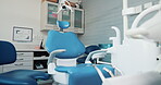 Empty, furniture and dental room in clinic with dentistry equipment, appointment and medical office for treatment services or checkup. Chair, workplace and hospital for oral health and hygiene.