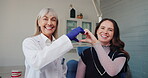 Woman, happy and hands as heart at dentist with smile for healthcare, teeth whitening and dental service. Girl, portrait and love sign in clinic at orthodontist for trust, care or positive experience