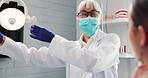 Dentist, light and consult for patient with equipment, dental care and tooth cleaning with professional person. Medical,  orthodontist and oral hygiene tools, help and wellness for decay treatment