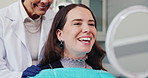 Mirror, dentist and result for happy woman, dental care and braces removal and teeth whitening. Medical clinic, consulting and toothache for patient person, orthodontist and veneers for gum health