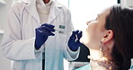 Dentist, tools and exam of patient in office, hands and gloves for hygiene and checkup of woman in clinic. Closeup, doctor and healthcare for person, dental and medical professional in hospital
