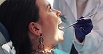 Mirror, teeth and dentist with patient for consult, tools and dental care for mouth checkup for oral hygiene. Medical, toothache or customer person, orthodontist or veneers for gum health or wellness