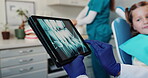 Hands, dentist and tablet with patient in office for teeth x ray results, exam and diagnosis for surgery of dental implant. Orthodontist, child and digital radiography, assessment and oral analysis