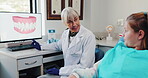 Girl, people and consulting with dental scan for oral education, teaching and explain treatment plan for understanding. Pediatric dentist, child and computer screen with teeth for hygiene instruction