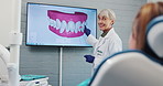 Dentist, woman and consulting patient on screen for dental care, hygiene or health. Teeth, orthodontics and talk to client to explain tooth whitening treatment for cleaning or oral wellness at clinic