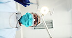 Mirror, woman and pov of dental care in office for healthcare, consultation and examination in theater. Senior dentist, mask or orthodontics with tool for inspection, insurance or medical appointment