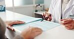 Hands, dentist and patient with document in office for information, signature and consent form of treatment plan. Medical, people and paperwork for dental appointment, health history and insurance