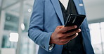 Cellphone, typing and hands in office, online and employee on calendar, planning or schedule of meeting. Business, professional and closeup of person, notification or payment in morning or accountant