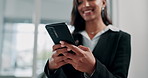 Phone, hands and businesswoman in office typing on website, app or email for work on project. Closeup, scroll and financial consultant on mobile tech for reading budget report, profit or information