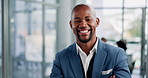 Face, businessman and African with confidence in office as gen z intern in finance agency for about us. Male person, smile and excited for job opportunity in career, asset management firm and company