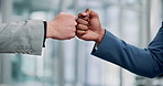 Fist bump, hr management and candidate in congratulations, deal or partnership for business growth. Team, people and onboarding in welcome, employment contract or promotion in company for recruitment