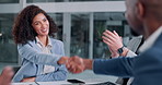 Happy, woman and handshake for success in office for partnership deal, recruitment and collaboration of opportunity. People, meeting and applause or promotion, negotiation, onboarding and agreement

