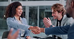 Woman, happy and handshake for success in office for partnership deal, recruitment and collaboration of opportunity. People, meeting and applause or promotion, negotiation, onboarding and agreement
