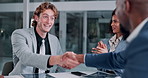 Excited, man and handshake for success in office for partnership deal, recruitment and collaboration of opportunity. People, meeting and applause or promotion, negotiation, onboarding and agreement