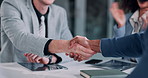 Business, people and handshake for success in office for partnership deal, recruitment and collaboration of opportunity. Men, meeting and applause or promotion, negotiation, onboarding and agreement