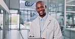 Black man, doctor and face on tablet for telehealth in clinic, app and planning for treatment. Male person, online consulting and networking contact for hospital portrait, healthcare and medical site