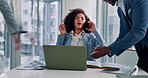 Career woman, multitasking and laptop for time management, mental health and frustrated at desk. Female person, overwhelmed and stress with burnout, office and tech for workflow in finance agency
