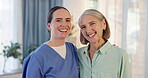 Smile, caregiver and portrait with elderly woman at home for support, healthcare and wellness of medical help. Happy, nurse and patient for kindness, embrace and care for recovery on retirement