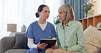 Caregiver, senior woman and conversation with tablet for medication management, health monitoring and tracking. Female nurse, elderly person and technology in retirement home for care planning.