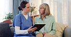 Nurse, senior woman and communication with tablet for medication management, health monitoring and tracking. Female caregiver, elderly person and technology in retirement home for care planning.