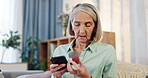 Elderly woman, phone and checking pills on internet for ingredients, side effects or translate information in nursing home. Senior person, tech and typing with drugs for health, medication and advice