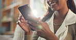Remote work from home, hands and woman with cellphone, typing and check project reminder. Closeup, copywriting and freelancer with online schedule, contact and message with research for app design