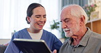 Smile, caregiver and tablet with senior man in retirement home for browsing, online bingo game and funny videos. Female nurse, elderly person and technology for social media, news updates and apps.