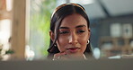 Indian woman, laptop and thinking in office for research, administration and corporate investment idea. Business analyst, tech and reading in workplace for stock market, ecommerce and writing ebook