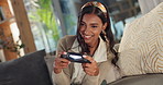 Home, video game and woman on sofa, controller and celebration for victory, winner and esports. happy person, apartment and girl on couch, gaming or entertainment with console, relax or stress relief