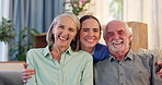 Face, senior couple and happy nurse in home for community care, medical support or help with physiotherapy. Portrait, man and woman with caregiver in house for geriatric health, retirement and laugh