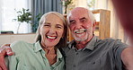 Selfie, smile and face of senior couple on sofa laughing for comic, funny or humor joke together. Happy, love and elderly man and woman in retirement with photography picture for bonding at home.