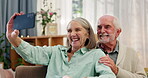Senior couple, people and home on sofa for selfie with smile for bonding, love and memories. Relationship, care and happy in living room on couch for fun, enjoy and relax for retirement as pensioner