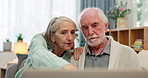 Laptop, talking and senior couple in home for reading news, information or pension article. Retirement planning, man and woman on computer for conversation, online shopping or email in living room