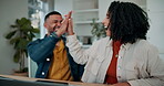 Home, paper and couple with high five by laptop for investment, finance planning or achievement. Happy, man and woman with celebration by tech for mortgage bills, invoice or success in online payment