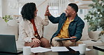 Home, documents and couple with high five by tech for investment, finance planning and success. Happy, woman and man with tablet in celebration for mortgage bills, invoice or saving in online payment