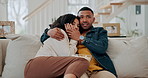 Black couple, popcorn and watch horror in home, scared woman and thriller film for television. People, couch date and talking for entertainment in lounge, hug and safety on sofa together for marriage