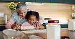 Grandmother, girl and baking with rolling pin for dessert, food and family in kitchen with recipe. Snack, teaching and childhood development for young person, granny and cooking with ingredients