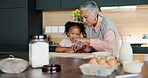 Girl, woman and baking in kitchen in house, bonding and teaching culinary skills with family in house. Happy, education and dough on table, cookie cutter and shapes or child development in apartment