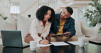 Couple, tablet and discussion with documents for finance, budget planning or checklist on expenses at home. Man and woman discussing paperwork with technology for financial bills or payments at house