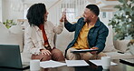 Home, paper and couple with high five by tech for finance planning, investment and success. Happy, woman and man with tablet in achievement for mortgage invoice, saving and review of online payment