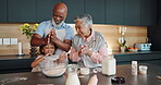 Cooking, grandparents and child clapping at kitchen counter for development, learning and ingredients. Baking, diversity and people with kid for cookie recipe, teaching or achievement with applause