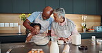 Cooking, grandparents and girl child at kitchen counter for development, learning and ingredients. Baking, diversity and people with kid for cookie recipe, teaching or mixing flour on weekend break