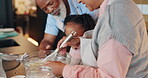 Baking, bowl and home with girl in kitchen for food, ingredients and bakery for dessert. Whisk, foster family and adoption with happy mature couple people, cake and cookie dough for bonding together