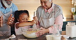 Baking, whisk and home with girl in kitchen for food, ingredients and bakery for dessert. Bowl, foster family and adoption with happy mature couple people, pastry and dough for bonding together